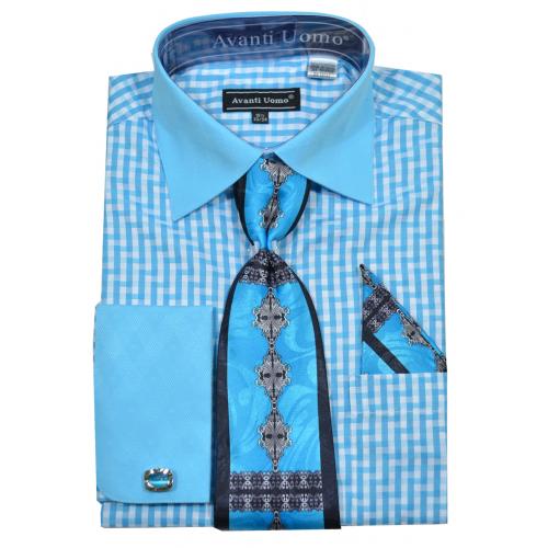 Avanti Uomo Aqua Blue / White Cotton Dress Shirt / Tie / Hanky / Cufflinks Set DN76M