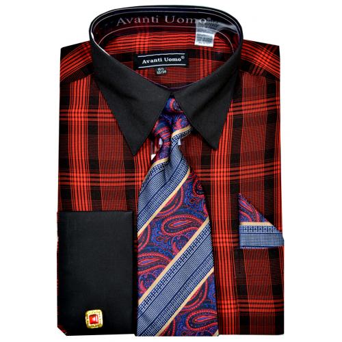 Avanti Uomo Black / Red Plaid Dress Shirt / Tie / Hanky / Cufflink Set DN89M