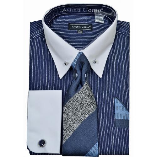 Avanti Uomo Navy / White Pinstripe Cotton Dress Shirt / Tie / Hanky / Cufflinks / Collar Bar Set DN95M