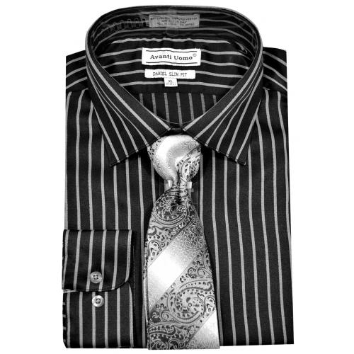 Avanti Uomo Black / White Striped Cotton Blend Slim Fit Shirt / Tie Set DNS09