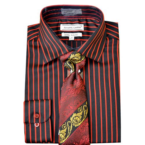 Avanti Uomo Black / Red Striped Cotton Blend Slim Fit Shirt / Tie Set DNS09