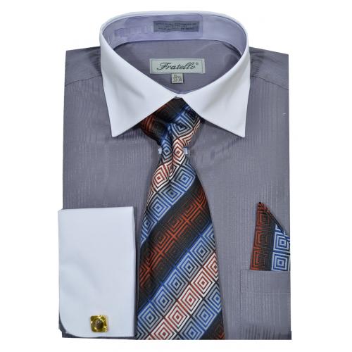 Fratello Grey / White Self Stripe Cotton Dress Shirt / Tie / Hanky / Cufflink Set FRV4140P2