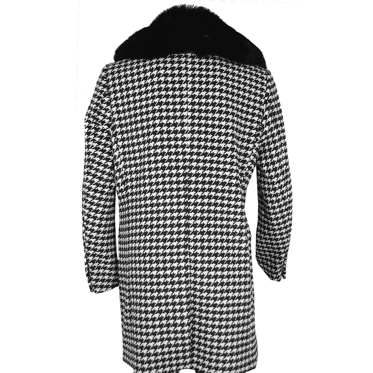 Lanzino Black / White Wool Removable Faux Fur Collared Long Jacket ...