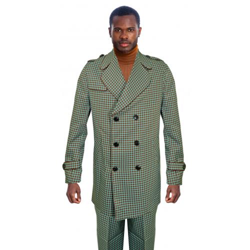 Lanzino Green / Brown Cotton Modern Fit 3/4 Length Double Breasted Pea Coat Outfit JK118