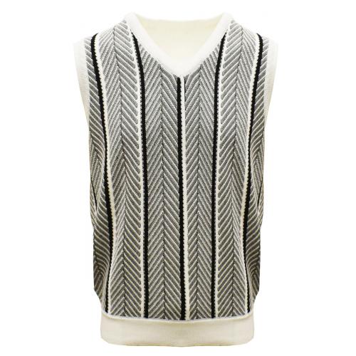 Stacy Adams White / Black V-Neck Pull-Over Cotton Blend Sweater Vest 2223