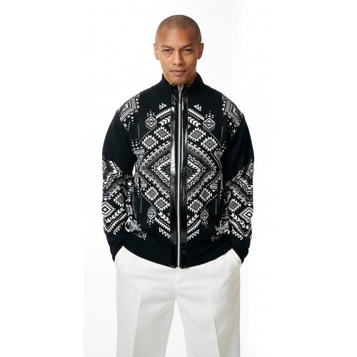 Silversilk Black / White Aztec Design Zip-Up PU Leather / Knitted Sweater 2108
