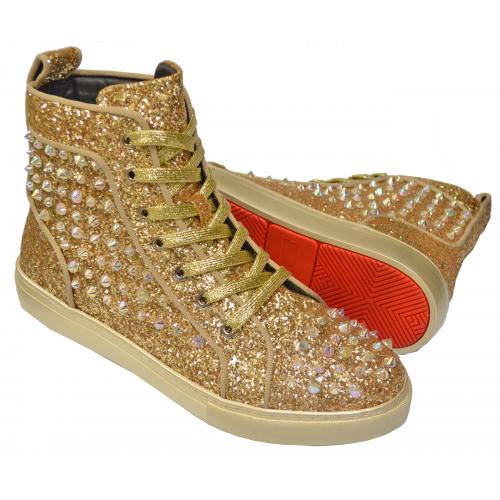 Fiesso Metallic Gold Glitter / Spiked PU Leather High Top Sneakers FI2409