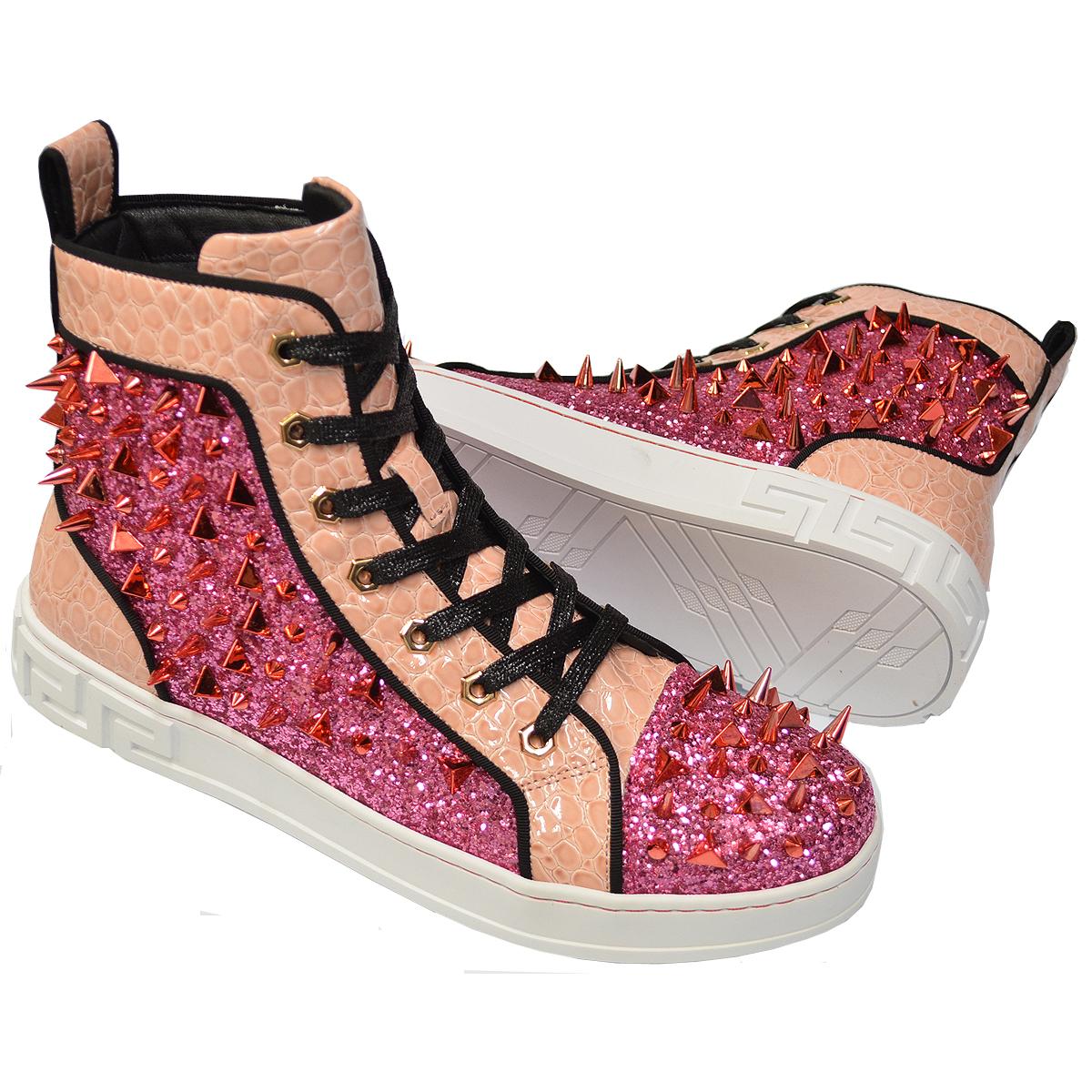 Fiesso / Fuchsia / Glitter / Spiked Leather High Top Sneakers FI2369 - $129.90 :: Upscale - UpscaleMenswear.com