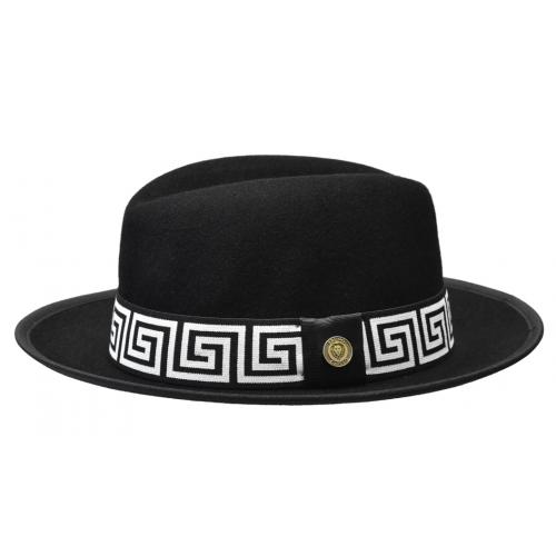 Bruno Capelo Black / White Bottom Greek Key Banded Wool Fedora Dress Hat PRE-600