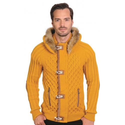 LCR Mustard Gold Modern Fit Faux Fur Hooded Wool Blend Cardigan Sweater 6205