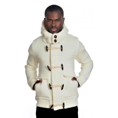 LCR Cream Modern Fit Wool Blend Sherpa Lined Hooded Cardigan Sweater 6550