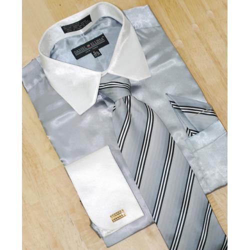 Daniel Ellissa Satin Silver Grey/White Shirt/Tie/Hanky Set With French Cuffs