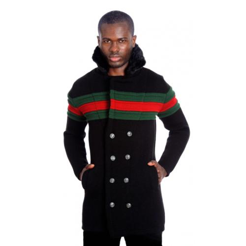 LCR Black / Green / Red Double Breasted Modern Fit Wool Blend 3/4 Sweater Jacket 6645
