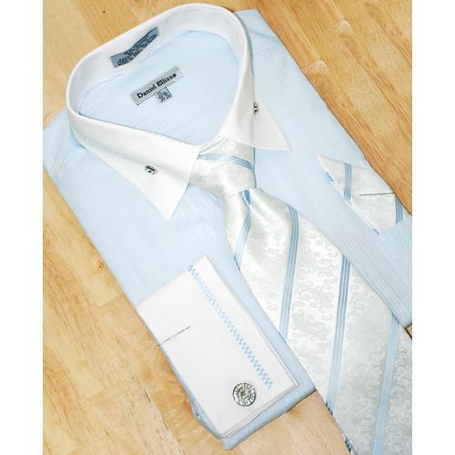 Daniel Ellissa Sky Blue/White With Embroidered Design  Shirt/Tie/Hanky Set DS3736P2