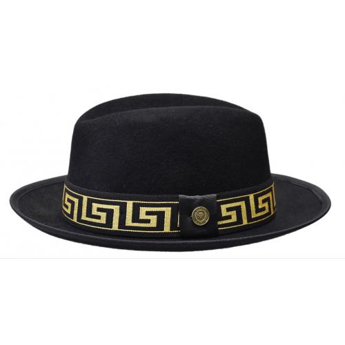 Bruno Capelo Black / Gold Bottom Greek Key Banded Wool Fedora Dress Hat PRE-601