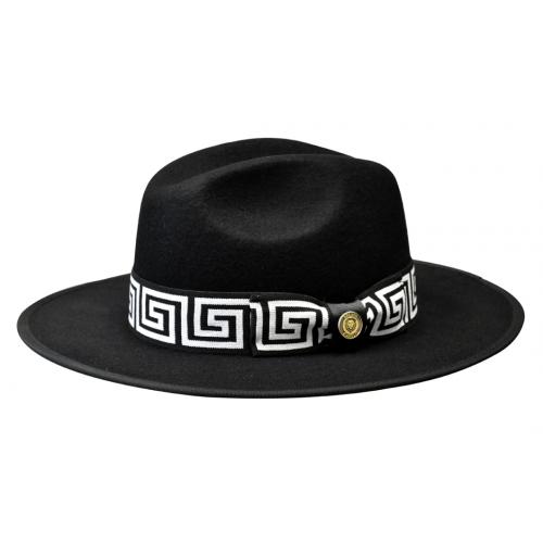 Bruno Capelo Black / White Greek Key Wool Flat Brim Fedora Dress Hat WE-971