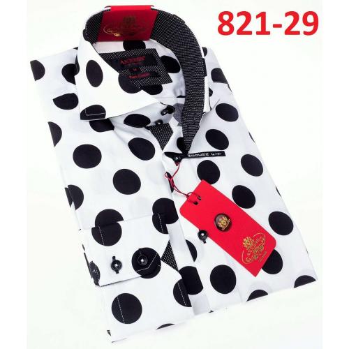 Axxess White/ Black Polka Dots Design Cotton Modern Fit Dress Shirt With Button Cuff 821-29.