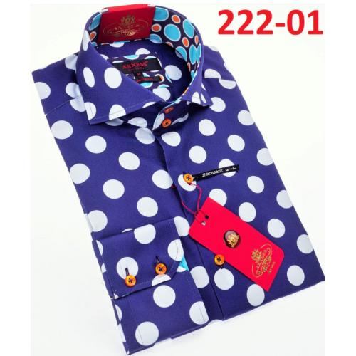Axxess Royal Blue / White Polka Dots Design Cotton Modern Fit Dress Shirt With Button Cuff 222-01.