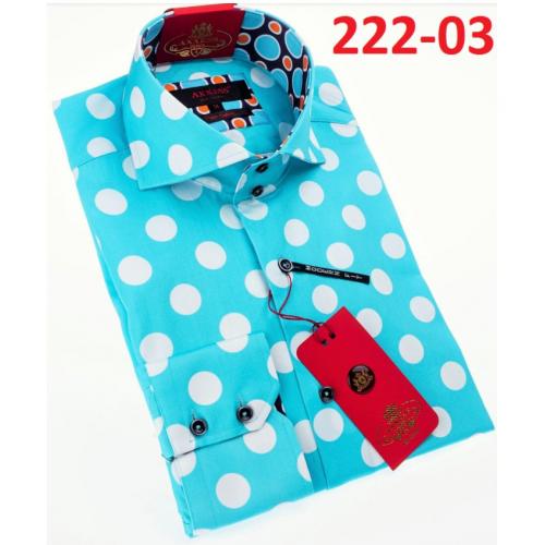 Axxess Aqua Blue / White Polka Dots Design Cotton Modern Fit Dress Shirt With Button Cuff 222-03.