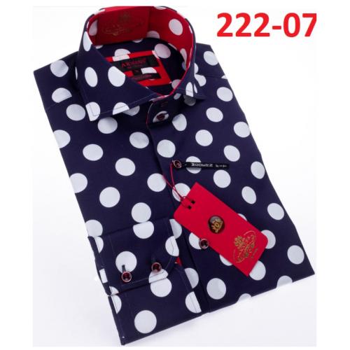 Axxess Navy / White Polka Dots Design Cotton Modern Fit Dress Shirt With Button Cuff 222-07.