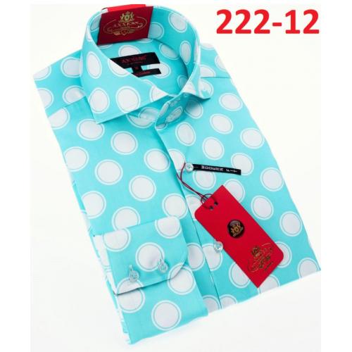 Axxess Aqua / White Polka Dots Design Cotton Modern Fit Dress Shirt With Button Cuff 222-12.