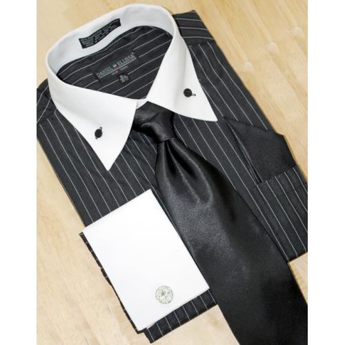 Daniel Ellissa Black/White Pinstripes Design Cotton Blend Dress Shirt /Tie/Hanky Set DS3106P2