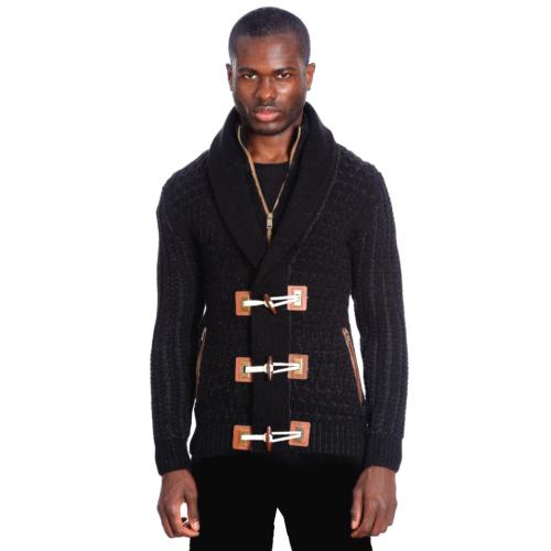 LCR Black / Smoke Modern Fit Wool Blend Sherpa Shawl Collar Cardigan Sweater 6242