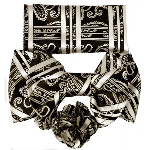 Vittorio Vico Black / Silver Multi-Pattern Bow Tie / Hanky / Lapel Pin Set XL155