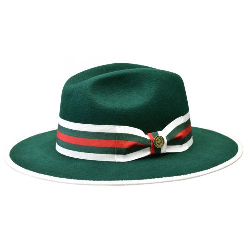 Bruno Capelo Dark Green / White / Red Wool Flat Brim Fedora Dress Hat WE-979