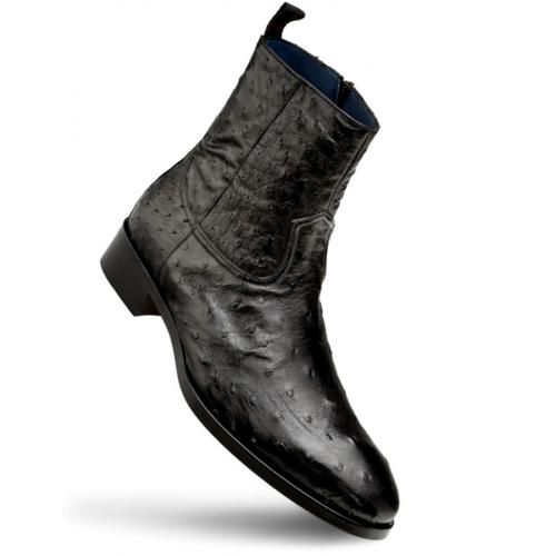 Mezlan "SX4798-S" Black Genuine Ostrich Straight-Heel Zipper Boots.