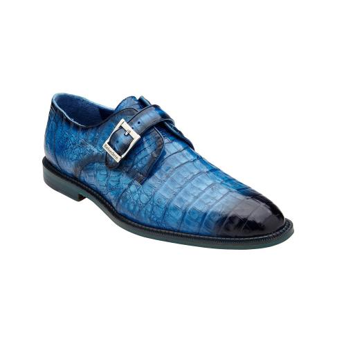 Belvedere "Spencer" Antique Ocean Blue Genuine Crocodile Monk Strap Shoes.