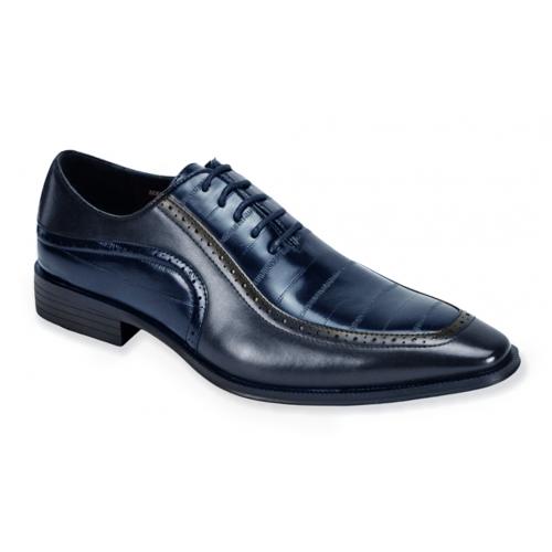 Antonio Cerrelli Navy Blue Eel Print Vegan Leather Moc Toe Oxford Shoes 6935