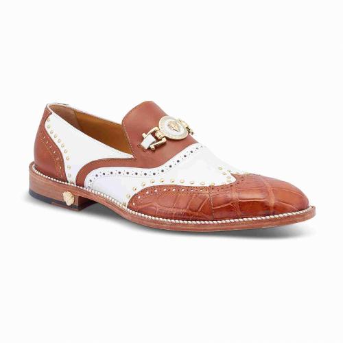 Mauri "3092" Cognac / White Genuine Alligator / Calf-Skin Leather Loafer Shoes.