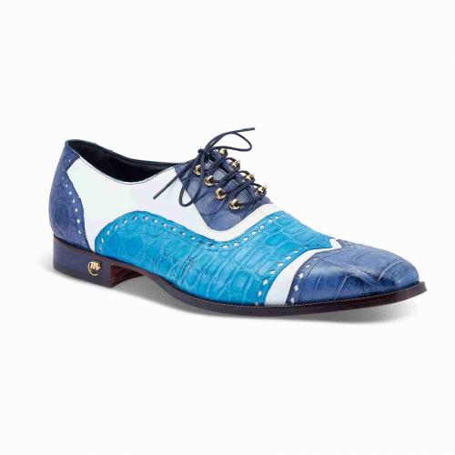 Mauri 3093 Blue & White Genuine Alligator / Calf-Skin Leather Oxford Shoes.