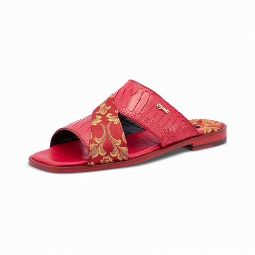 Mauri 5140 Red Genuine Ostrich Leg / Gobelins Fabric Slip-On Sandals.