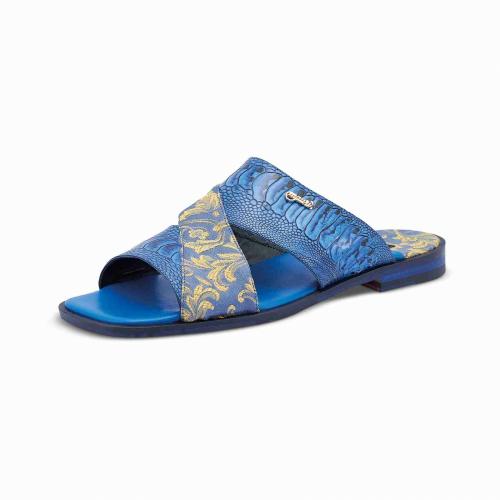 Mauri 5140 New Blue Genuine Ostrich Leg / Gobelins Fabric Slip-On Sandals.