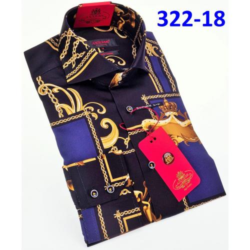 Axxess Navy / Gold Medusa Design Cotton Modern Fit Dress Shirt With Button Cuff 322-18.