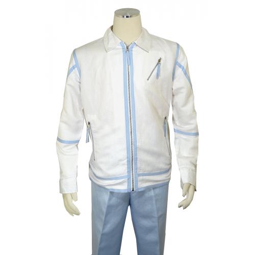 Cigar White / Light Blue Linen / Cotton Modern Fit Zip-Up Jacket Outfit BRX-457
