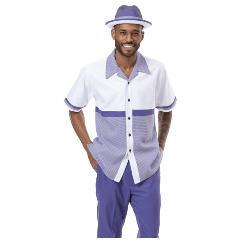 Montique White / Purple Houndstooth Trimmed Short Sleeve Outfit 2212