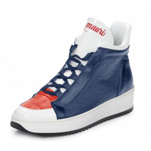 Mauri ''Arno'' 6139 Blue / White / Red Genuine Patent Leather / Baby Crocodile / Calf High Top Lace-Up Sneakers.