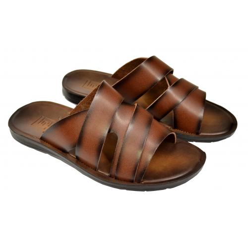 Faranzi Brown Burnished Genuine Calfskin Leather Casual Slide Sandals FR421412