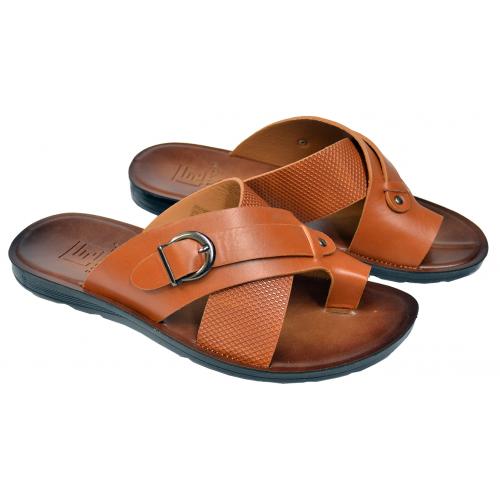 Faranzi Cognac Buckled Vegan Leather Casual Slide Sandals FR420279