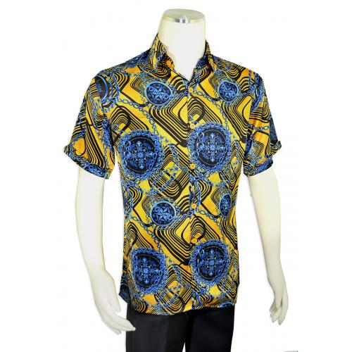 Pronti Gold / Blue / Black Greek Multi-Pattern Short Sleeve Satin Shirt S6546