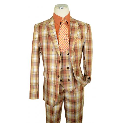Cielo Cognac / Camel / Brown / Silver Lurex Plaid Slim Fit Vested Suit BPV3597