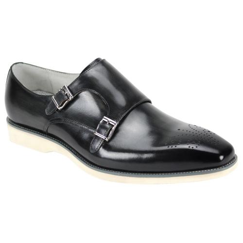 Giovanni "Jaxson" Dark Grey Burnished Calfskin Contrast Sole Double Monk Strap Shoes.