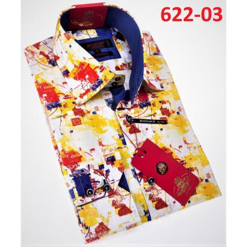 Axxess Yellow / Red / White Cotton Modern Fit Dress Shirt With Button Cuff 622-03.