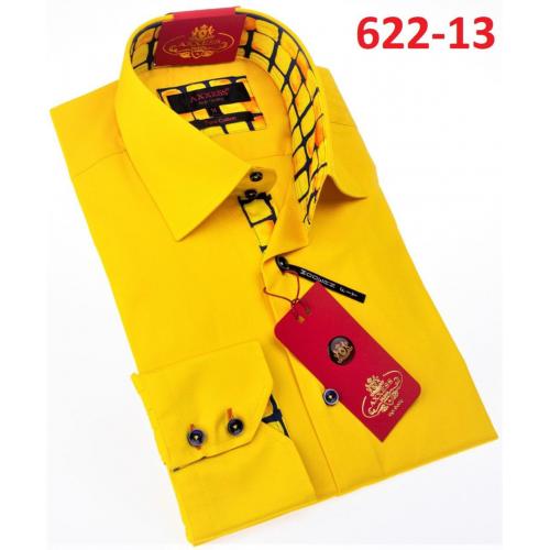 Axxess Yellow / Black Cotton Modern Fit Dress Shirt With Button Cuff 622-13.