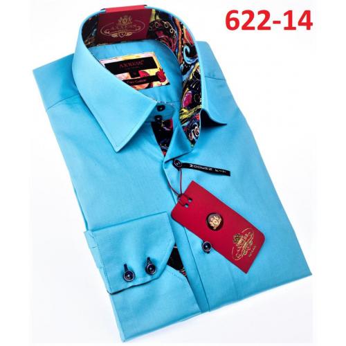 Axxess Teal / Black Cotton Modern Fit Dress Shirt With Button Cuff 622-14.