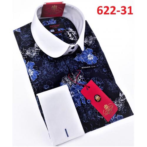 Axxess Blue / White Cotton Flower Design Modern Fit Dress Shirt With Button Cuff 622-31.