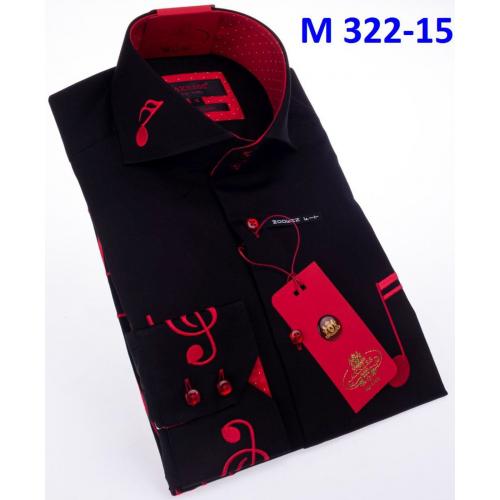 Axxess Black / Red Cotton Music Design Modern Fit Dress Shirt With Button Cuff M322-15.